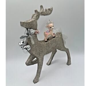 Vintage Large Prancing Glittery Reindeer & Pastel Pink Reindeer Candy Cane OOAK